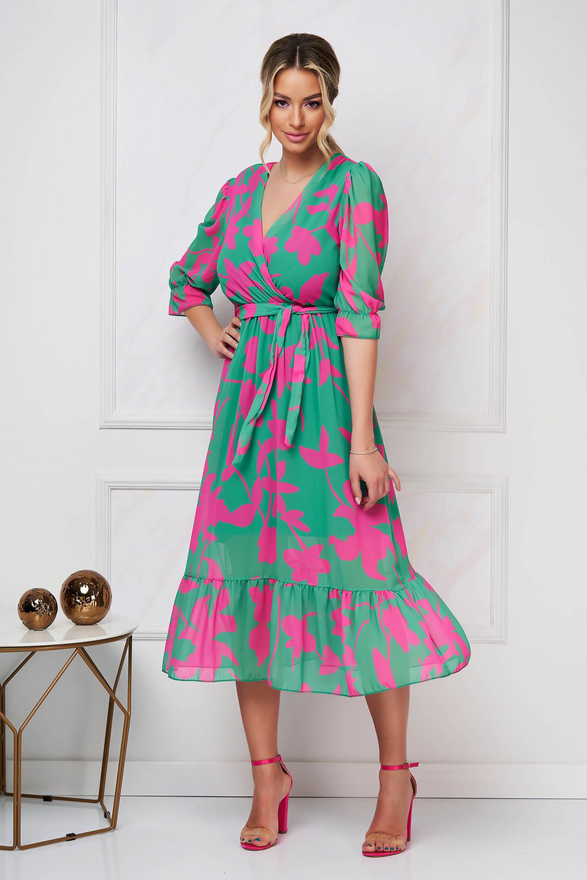 Rochie SunShine midi in clos cu elastic in talie din voal cu imprimeu abstract