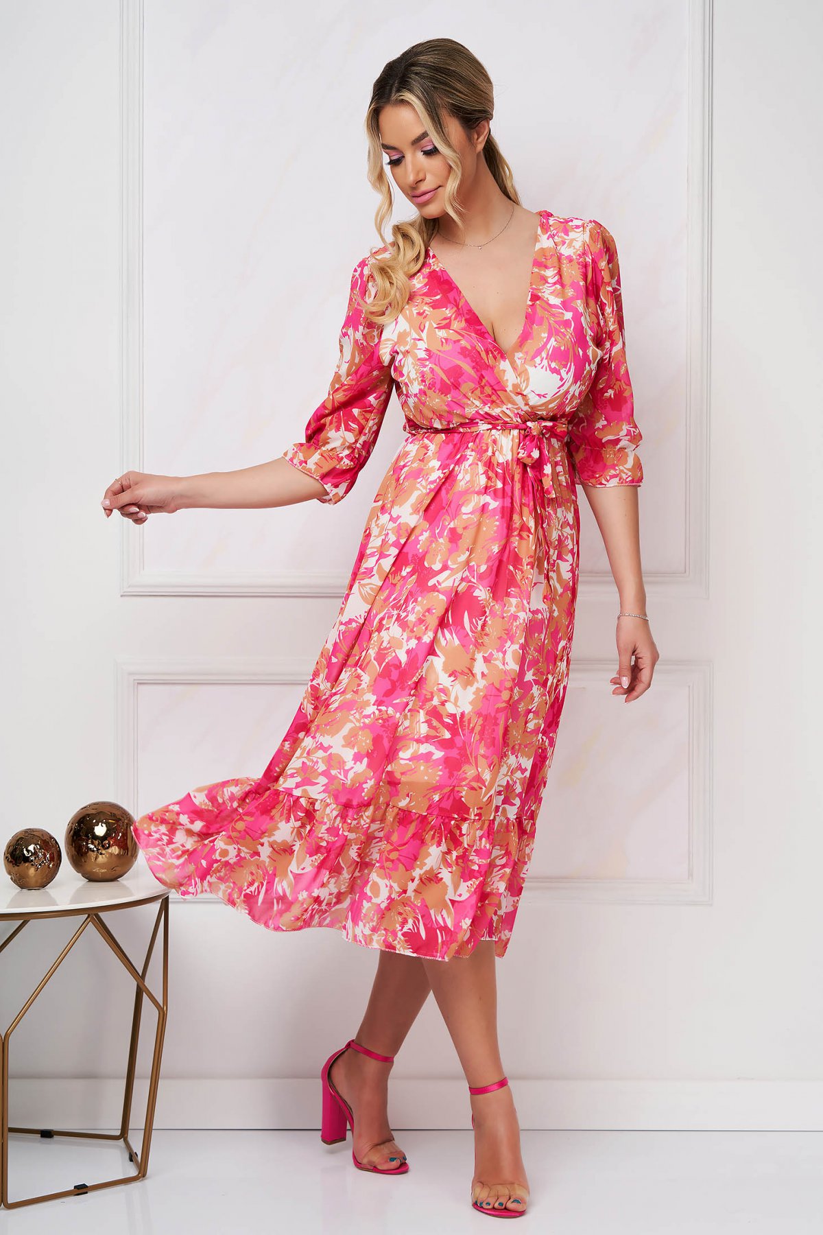 Rochie SunShine midi in clos cu elastic in talie din voal cu imprimeu abstract
