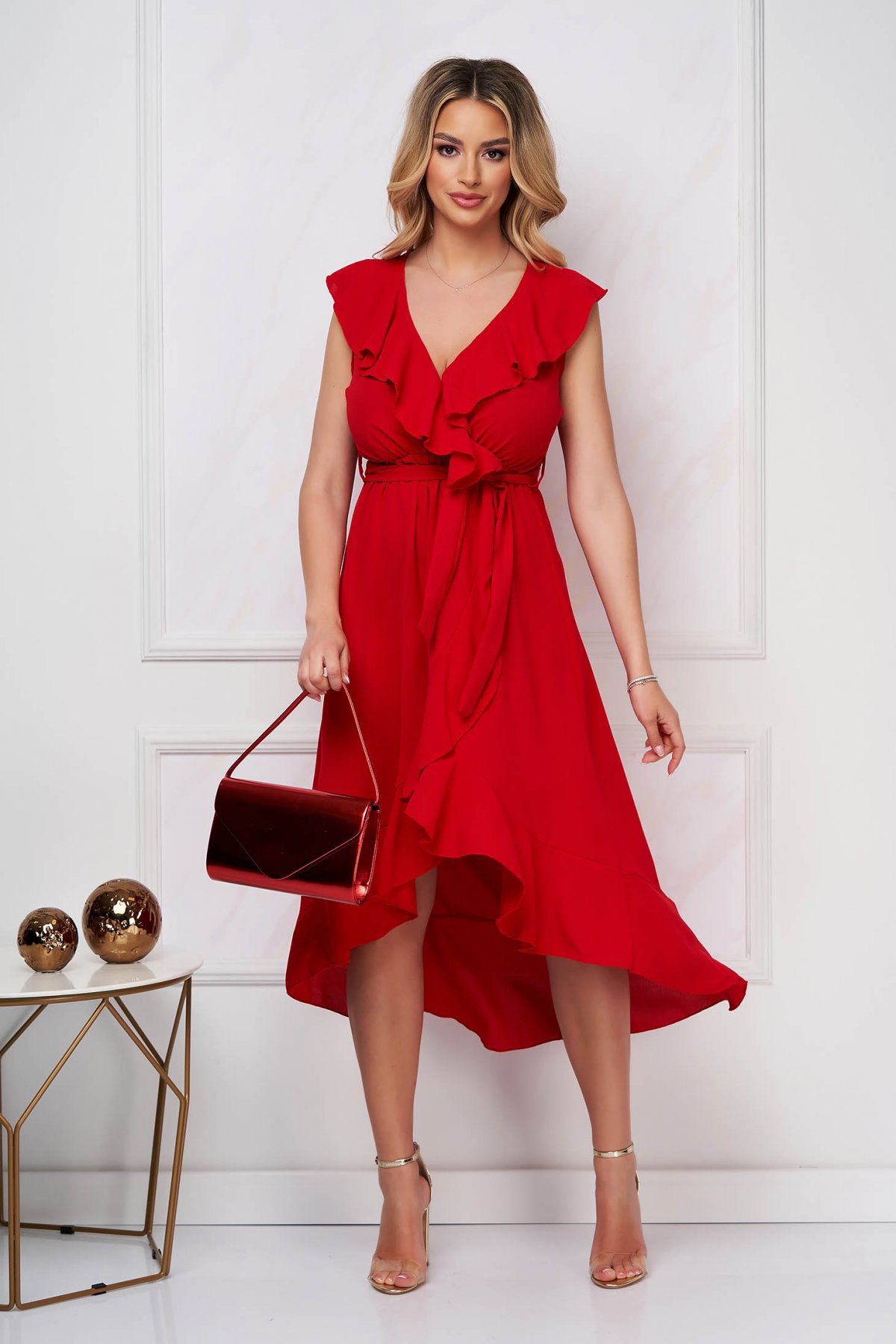 Rochie SunShine rosie midi asimetrica in clos cu elastic in talie din georgette cu volanase
