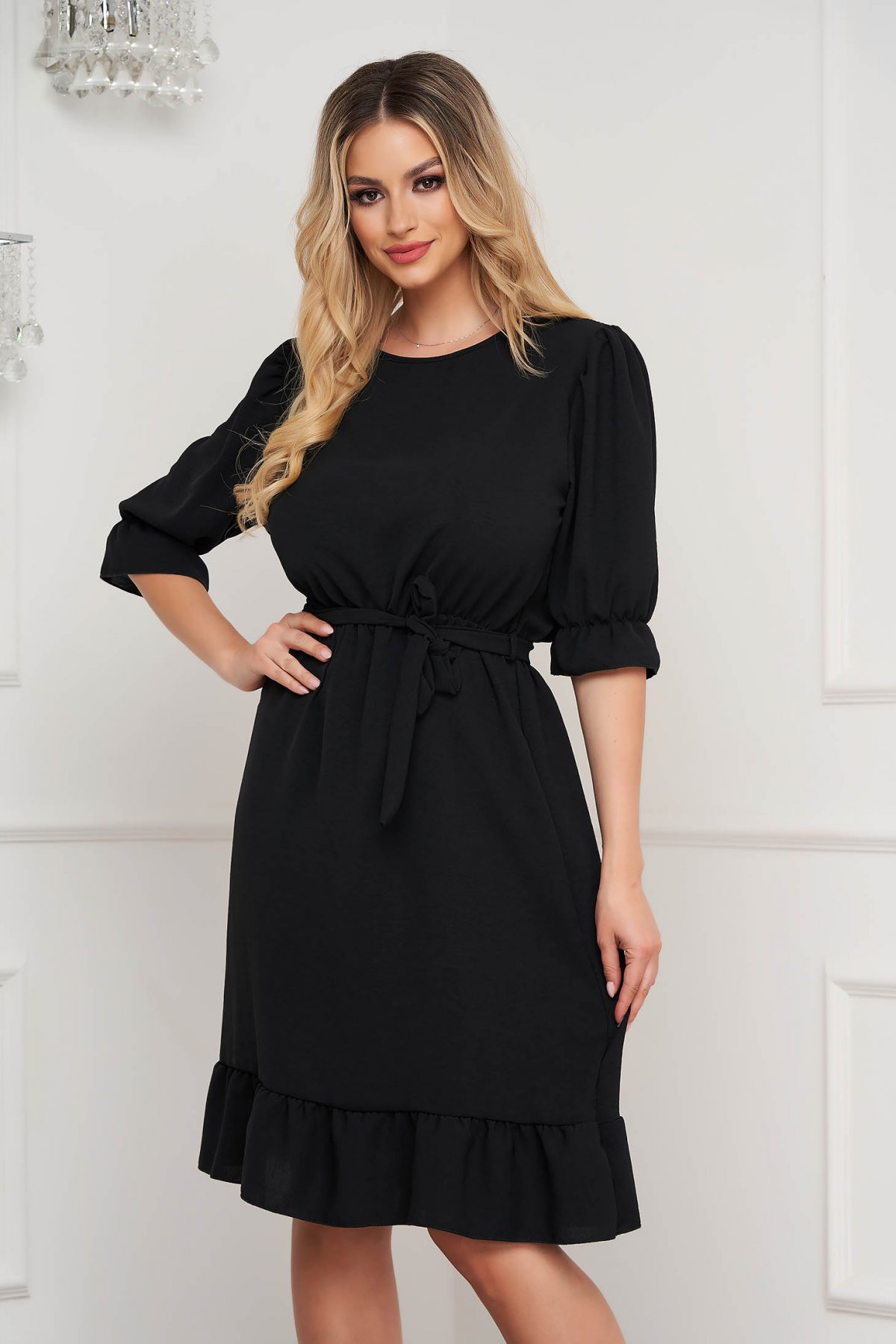 Rochie din georgette neagra scurta in clos cu elastic in talie si cordon detasabil - Lady Pandora