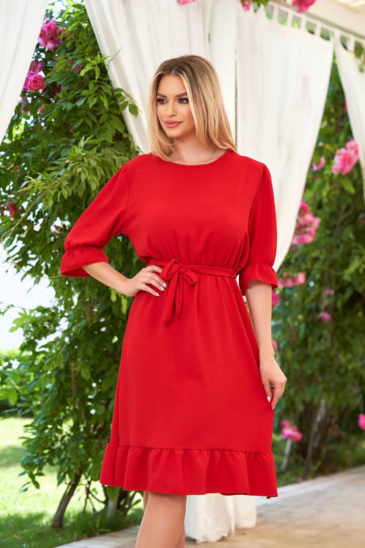 Rochie din georgette rosie scurta in clos cu elastic in talie si cordon detasabil - Lady Pandora