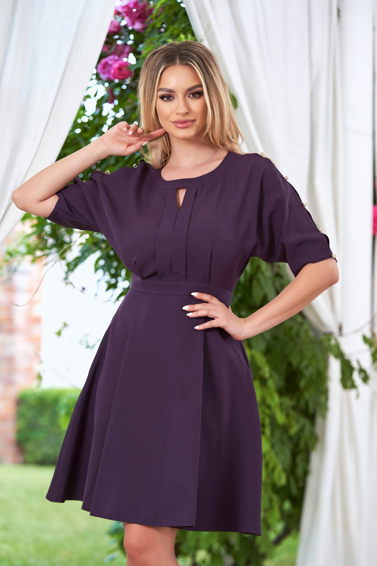 Rochie din stofa mov midi in clos din stofa elastica cu buzunare laterale