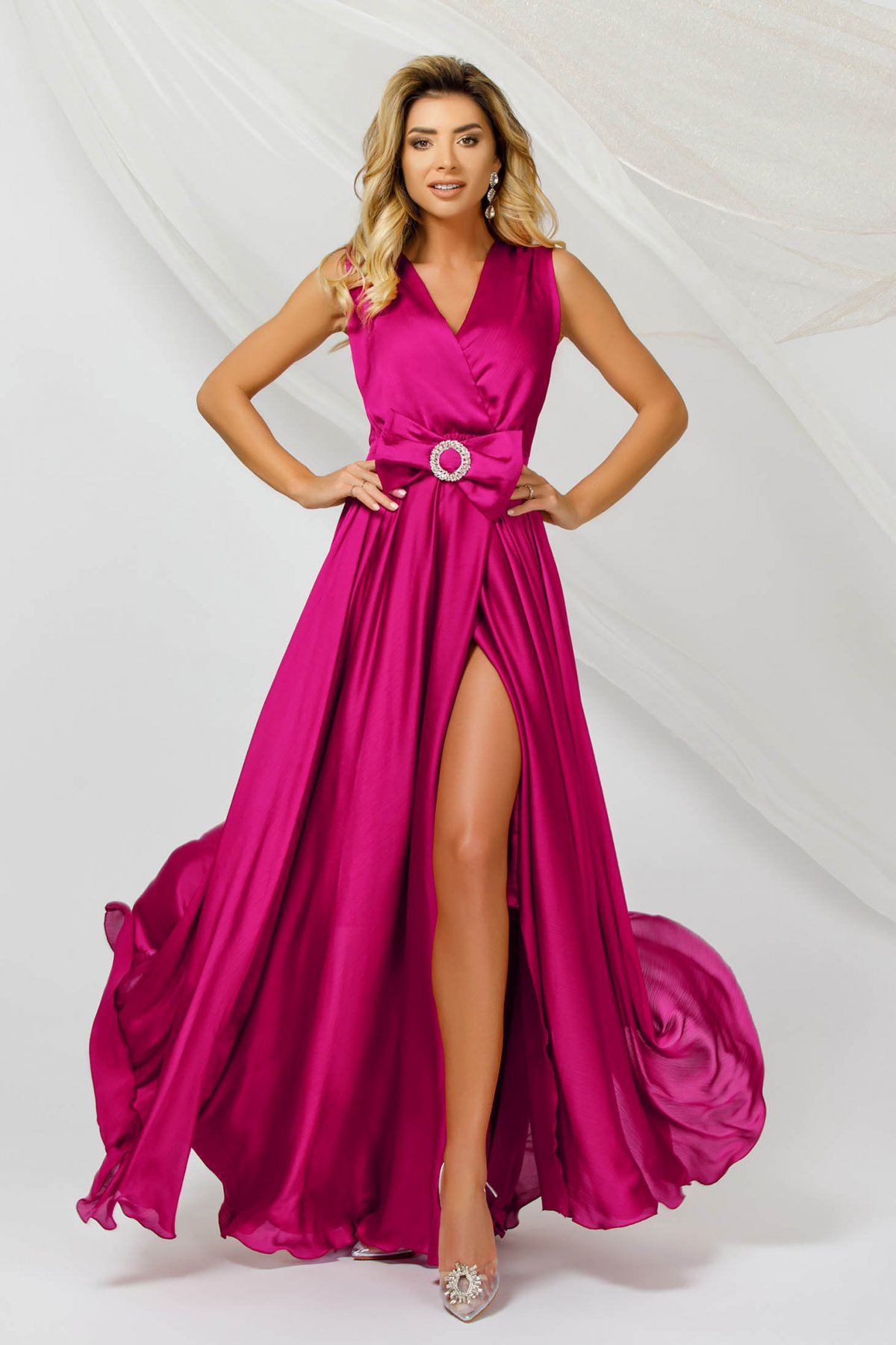 Rochie din voal satinat fuchsia lunga in clos cu cordon detasabil - PrettyGirl - Rochii-Dama.ro