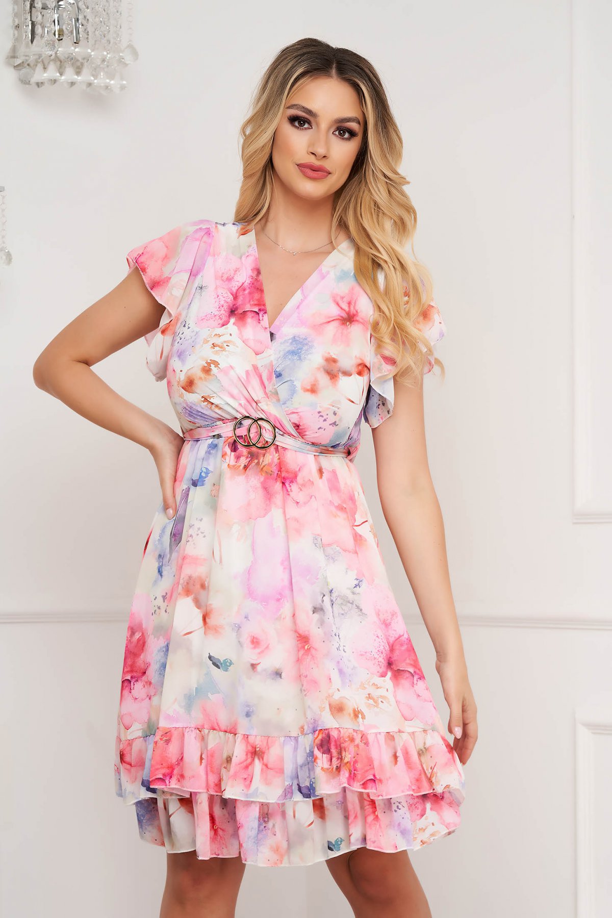 Rochie din voal scurta in clos cu elastic in talie si imprimeu floral - SunShine