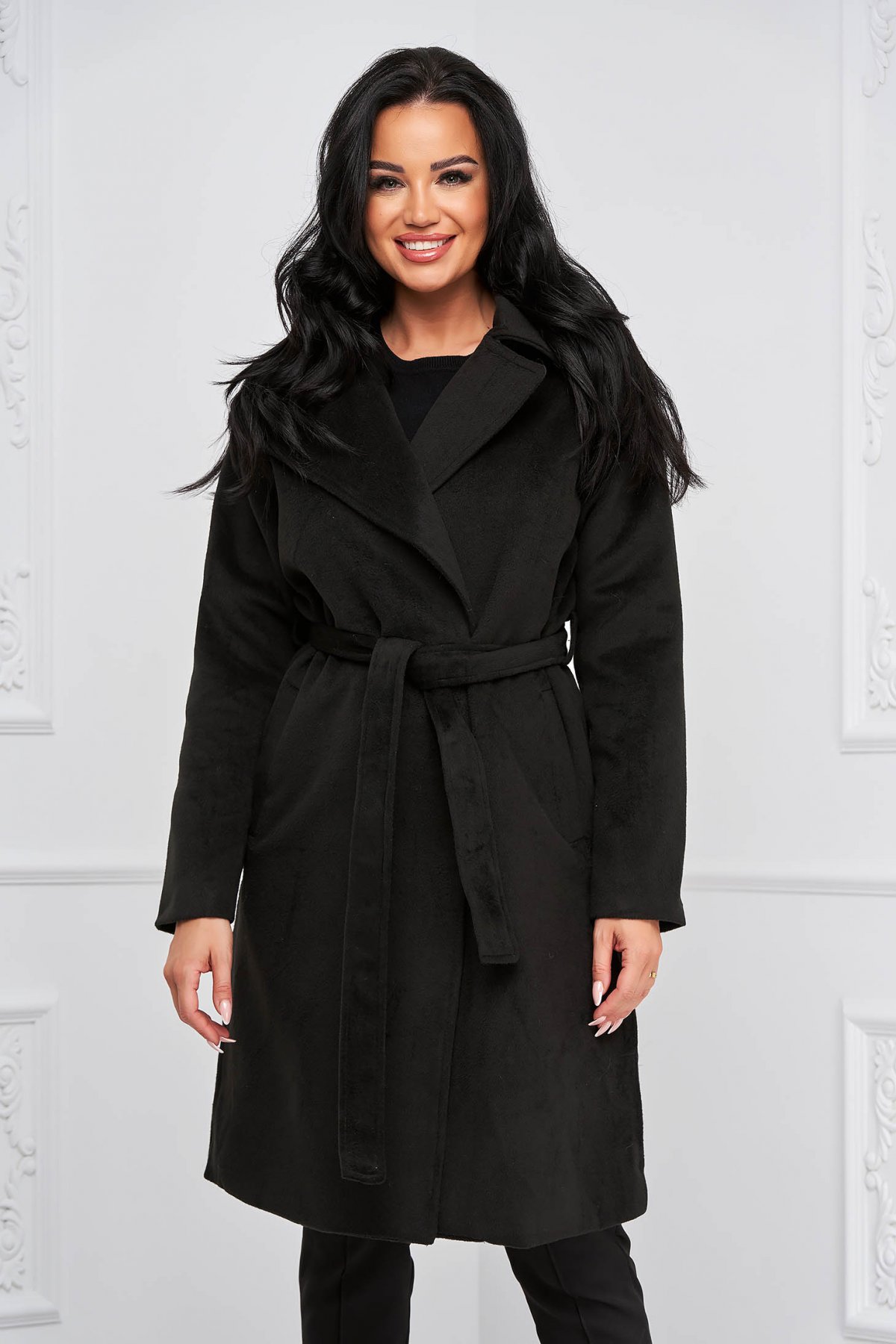 Palton dama din stofa negru cu croi larg si buzunare laterale - SunShine