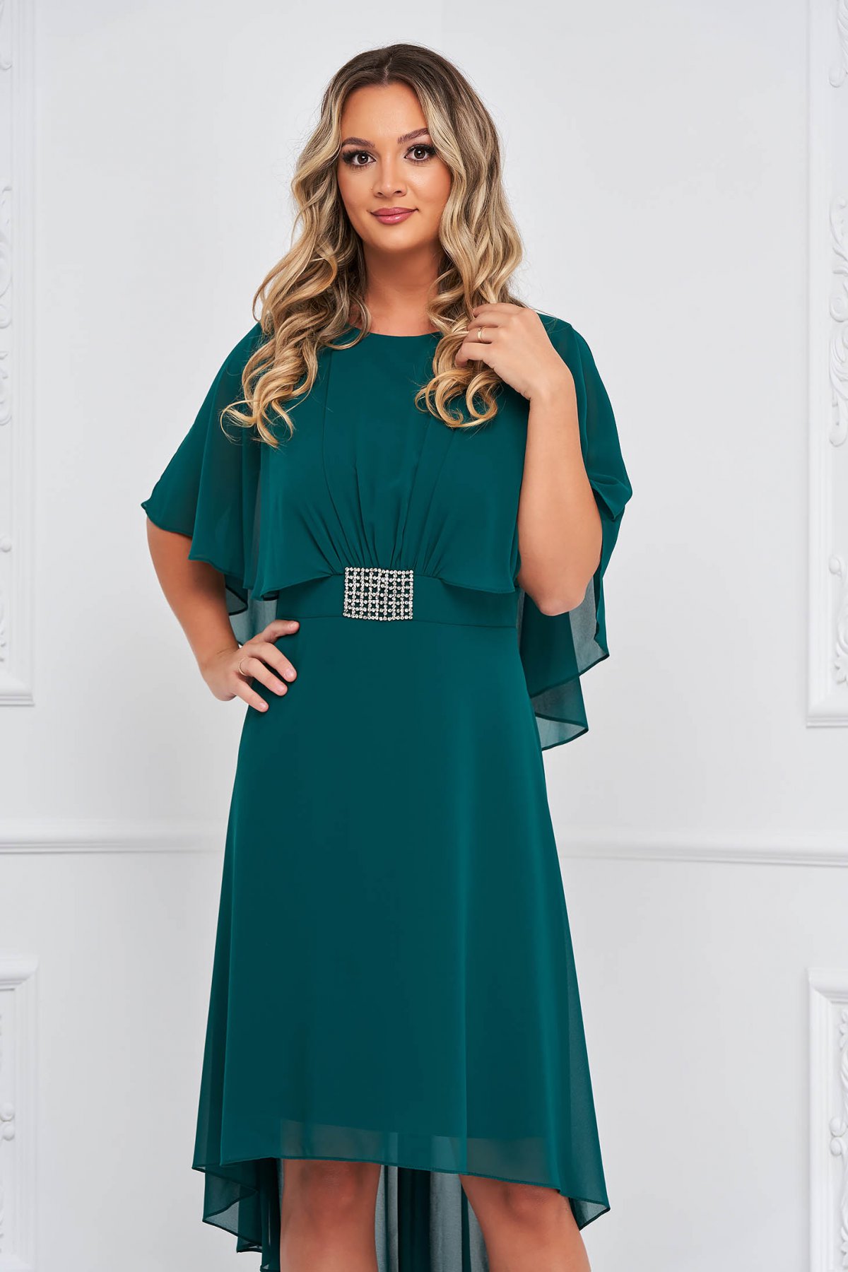 Rochie din voal verde midi asimetrica in clos cu maneci tip fluture