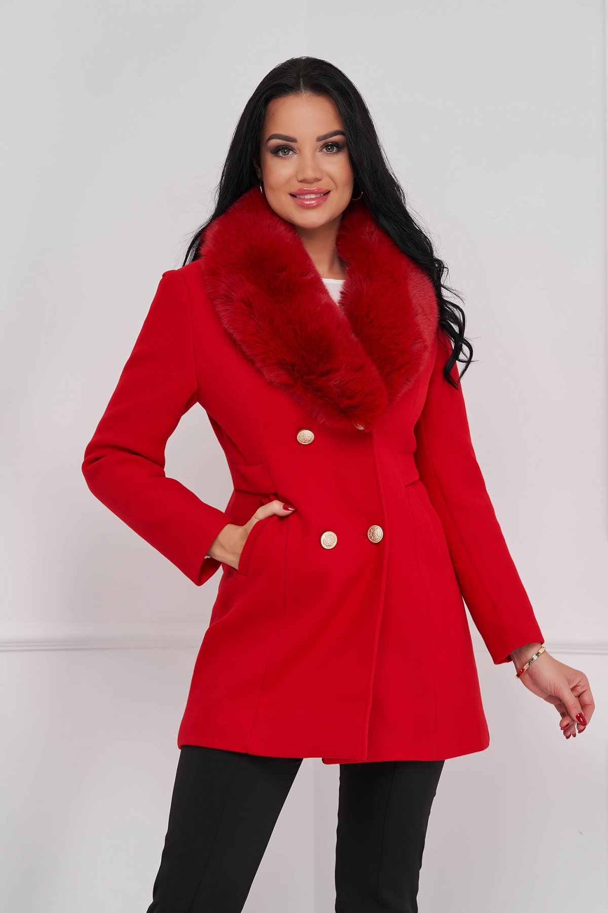 quality fox Inhibit Palton din lana si stofa rosu cambrat cu guler din blana - SunShine |  Fashion Guru.ro