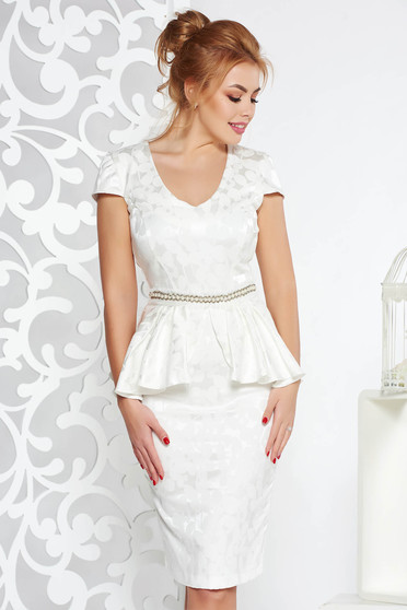 Rochie StarShinerS alba de ocazie din material elastic cu peplum accesorizata cu cordon