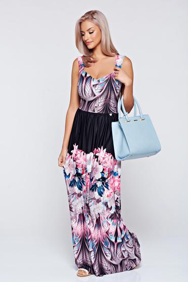 Rochie MissQ neagra lunga in clos cu print