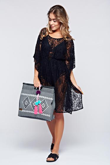 Rochie StarShinerS neagra de plaja cu croi larg din material dantelat