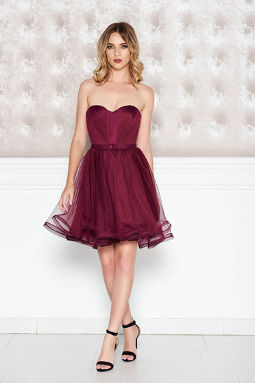 Rochie Ana Radu visinie de lux tip corset din tul captusita pe interior cu bust buretat accesorizata cu cordon