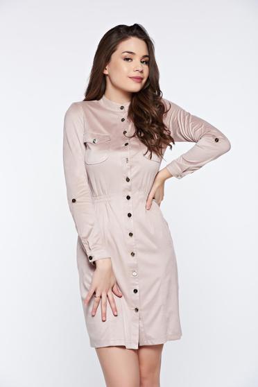 Rochie PrettyGirl crem de zi cu elastic in talie accesorizata cu nasturi