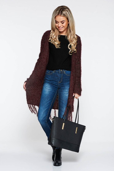 Cardigan Top Secret visiniu casual tricotat cu franjuri in partea de jos