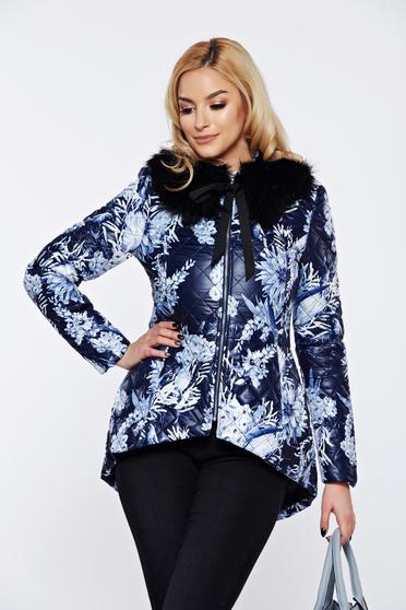 Geaca StarShinerS albastra-inchis casual cu imprimeu floral cu buzunare