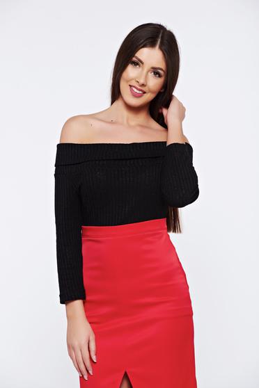 Pulover StarShinerS negru casual tricotat mulat pe umeri