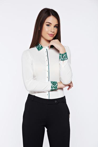 Camasa dama Fofy office din bumbac elastic cu aplicatii de dantela verde