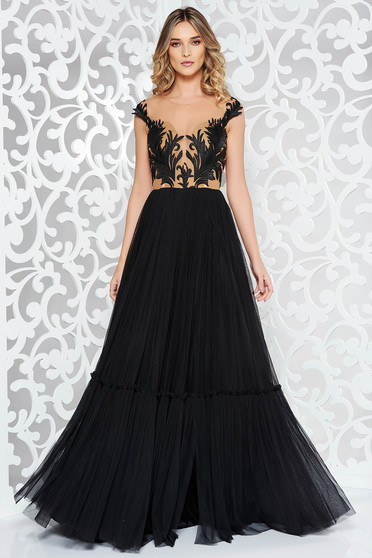 Rochie Ana Radu neagra de lux in clos din tul cu insertii de broderie