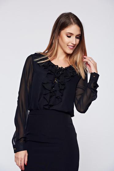 Bluza dama PrettyGirl neagra eleganta cu croi larg cu volanase