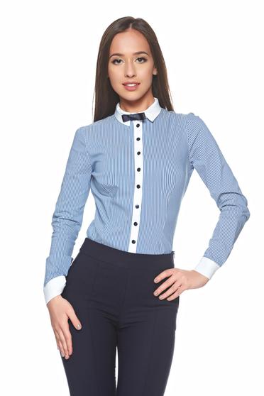 Camasa dama Fofy albastra office din bumbac cu accesoriu in forma de fundita