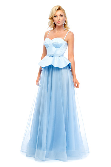 Rochie de seara Ana Radu albastra-deschis tip corset cu volanas in talie