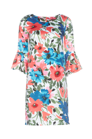 Rochie StarShinerS corai eleganta cu croi in A din material satinat cu maneci clopot