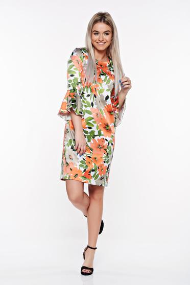 Rochie StarShinerS corai eleganta cu croi in A din material satinat cu maneci clopot