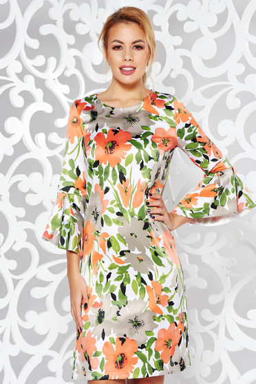 Rochie StarShinerS corai eleganta cu croi in A din material satinat cu maneci clopot