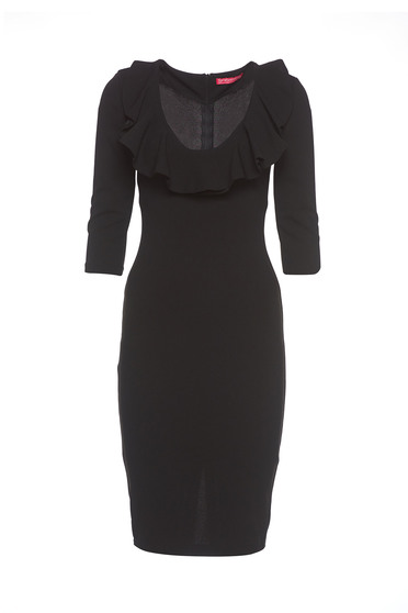 Rochie StarShinerS neagra eleganta tip creion cu volanase pe linia decolteului