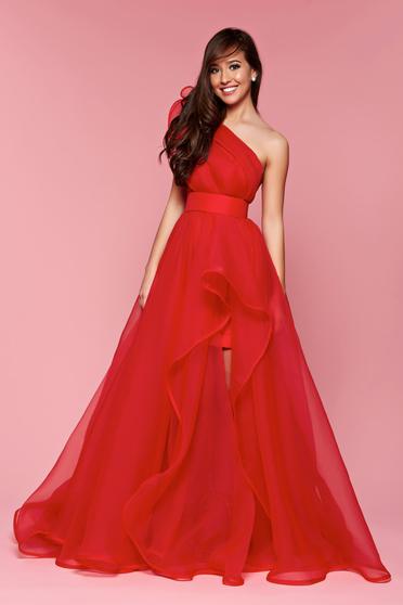 Rochie Ana Radu rosie de lux asimetrica pe umar captusita pe interior