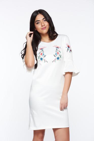 Rochie StarShinerS alba eleganta brodata cu croi in A din bumbac elastic satinat cu maneci clopot