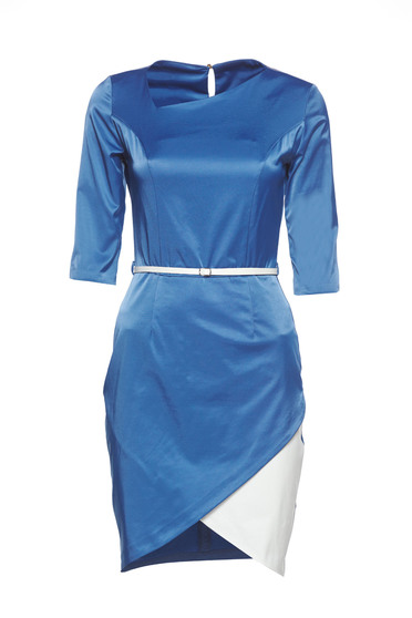 poze cu Rochie asimetrica PrettyGirl albastra cu accesoriu tip curea