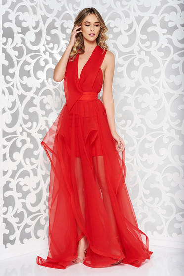 Rochie Ana Radu rosie de lux asimetrica captusita pe interior cu spatele decupat si decolteu adanc