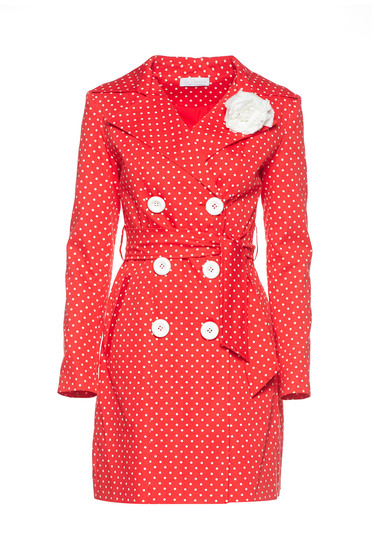 Trench LaDonna rosu cu buline cu brosa in forma de floare
