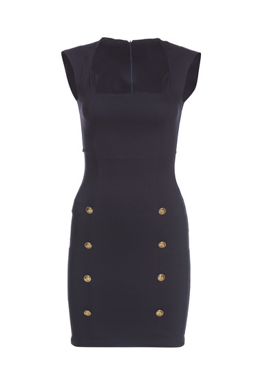 Rochie Fofy albastra-inchis eleganta accesorizata cu nasturi