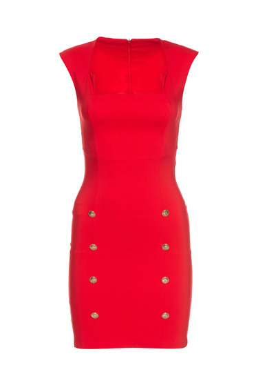 Rochie Fofy rosie eleganta accesorizata cu nasturi