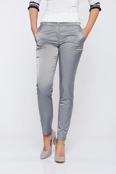 Pantaloni PrettyGirl gri conici cu talie medie