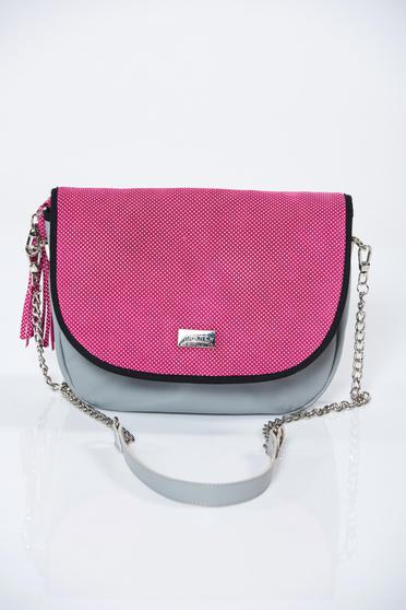 Geanta dama fuchsia din piele naturala cu maner lung tip lantisor si franjuri