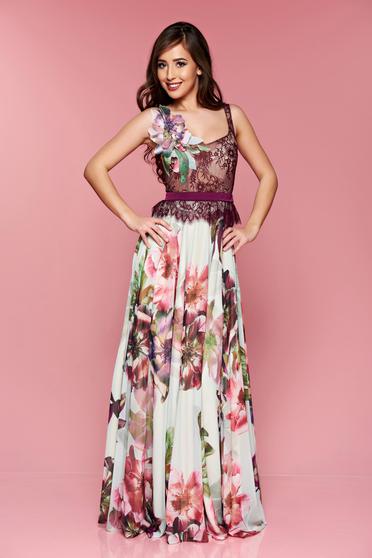 Rochie LaDonna mov de ocazie din dantela si voal cu imprimeu floral