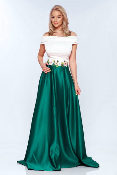 Rochie Artista verde din material satinat cu insertii de broderie