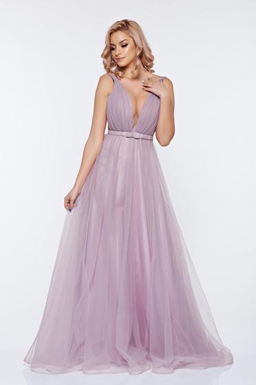 Rochie Ana Radu lila de lux din tul captusita pe interior cu decolteu in v