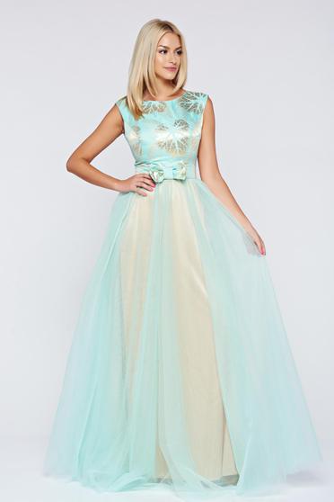Rochie Fofy mint de ocazie lunga cu tul cu accesoriu in forma de fundita