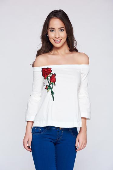 Bluza dama cu croi larg Fofy alba cu insertii de broderie