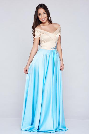 Rochie de ocazie brodata LaDonna albastra-deschis din material satinat