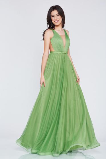 Rochie Ana Radu verde-inchis de lux din tul captusita pe interior cu decolteu in v