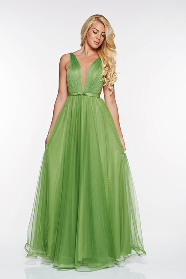 Rochie Ana Radu verde-inchis de lux din tul captusita pe interior cu decolteu in v