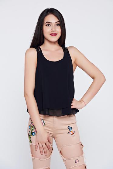 Top casual din voal negru cu dantela tricotata