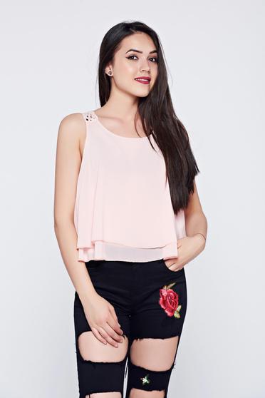 Top casual din voal piersica cu dantela tricotata