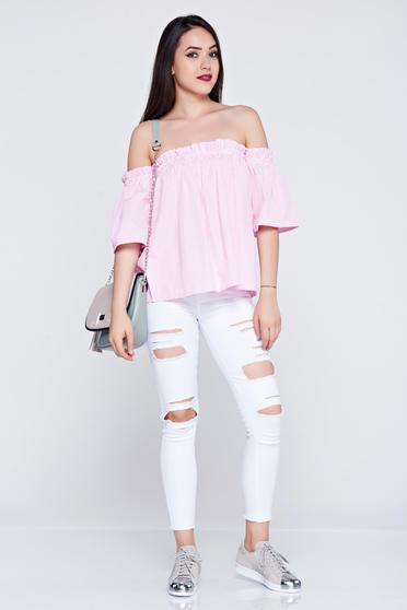 Bluza dama cu croi larg cu maneca scurta roz deschis cu dungi