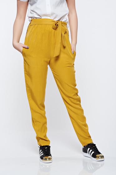 Pantaloni mustarii casual cu buzunare cu elastic in talie