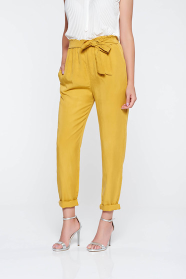 Pantaloni mustarii casual cu buzunare cu elastic in talie